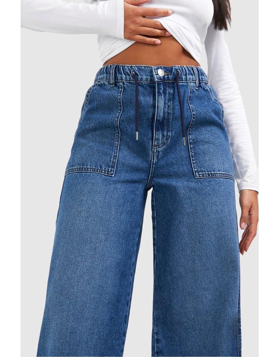Elasticated Waistband Wide Leg Jeans - mid blue - 3
