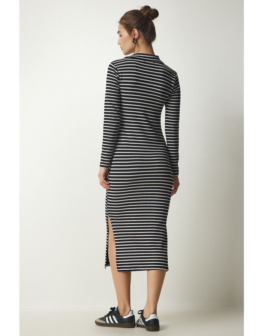 Women's Black Polo Neck Striped Camisole Dress - 4