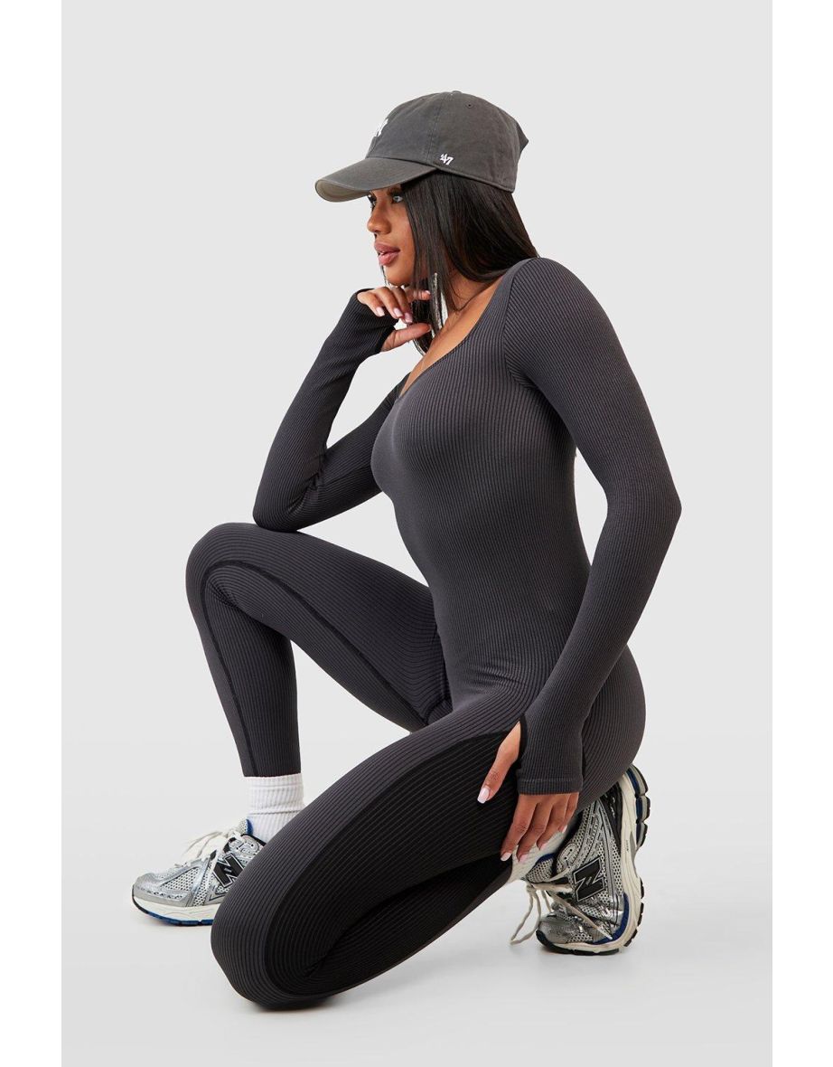 Seamless Contour Rib Square Neck Long Sleeve Unitard - black