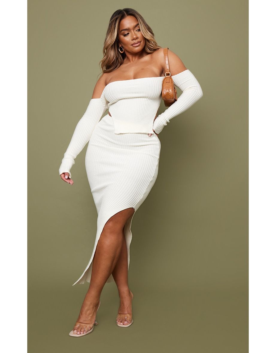 Shape Cream Knit Split Side Midaxi Skirt
