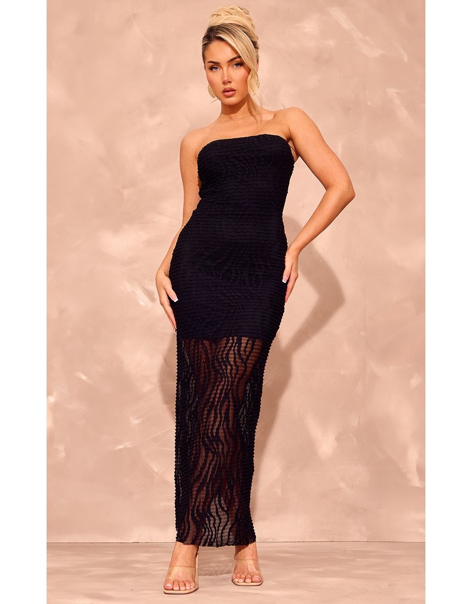 Black Textured Sheer Jersey Bandeau Maxi Dress