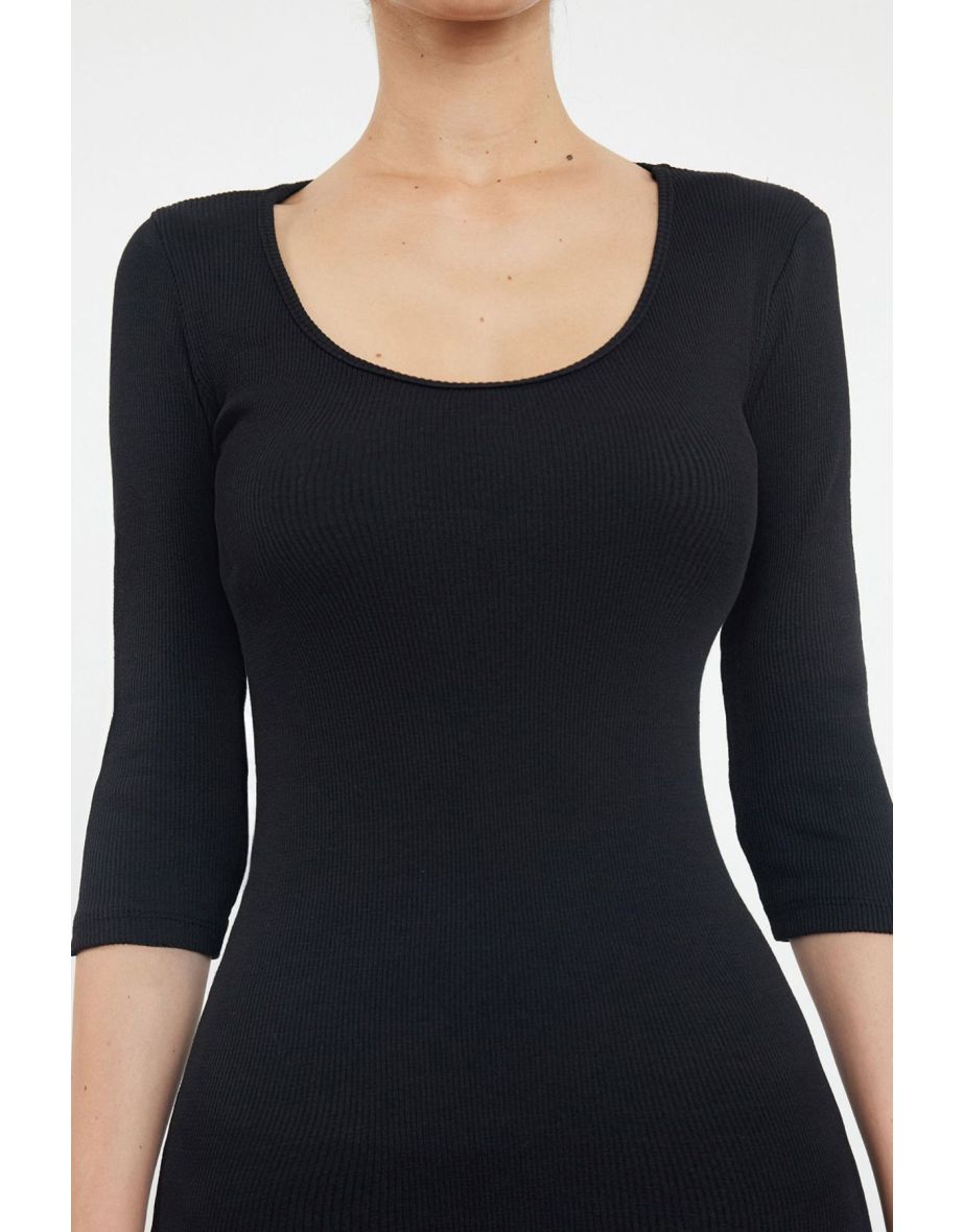 Black Fitted Long Sleeve Crew Neck Stretchy Knitted Dress - 4