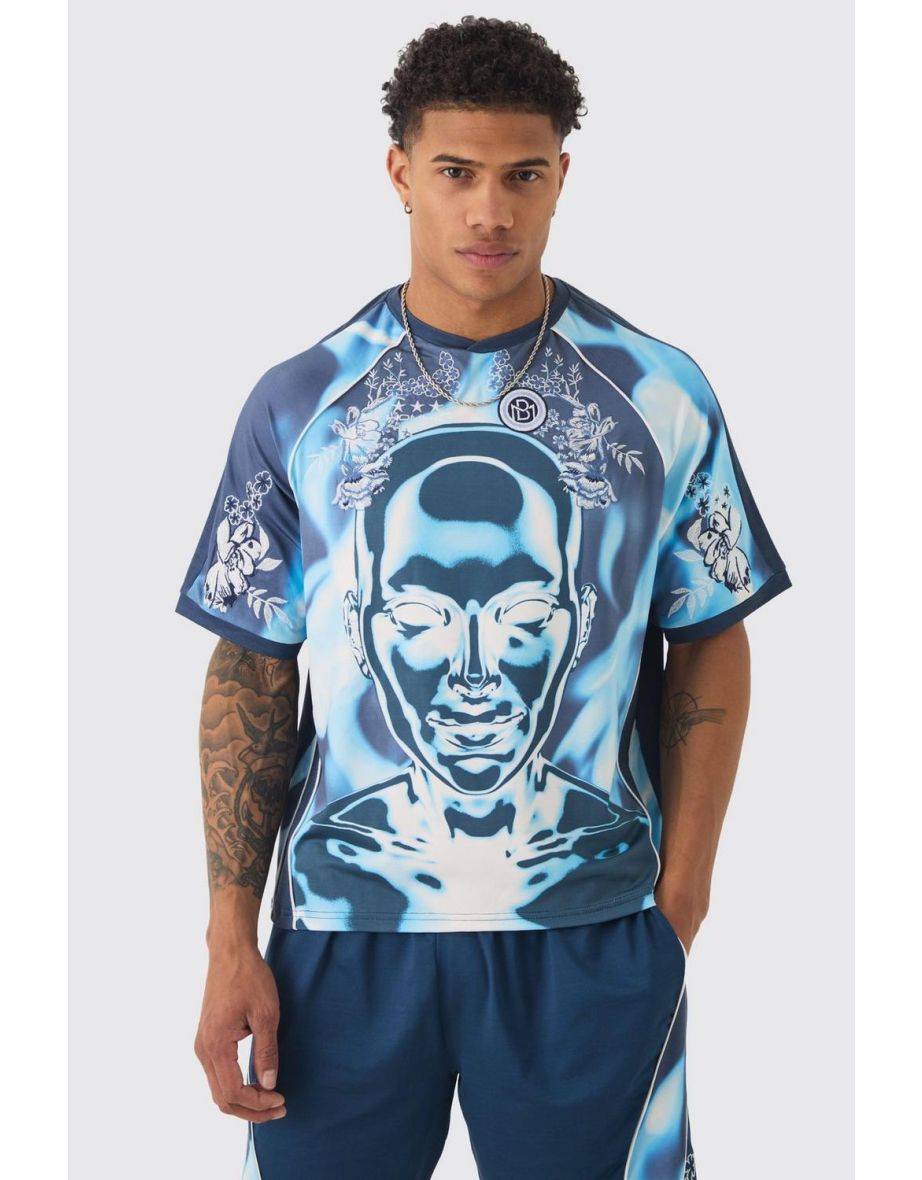 Boxy Floral Embroidered Football T-shirt - blue