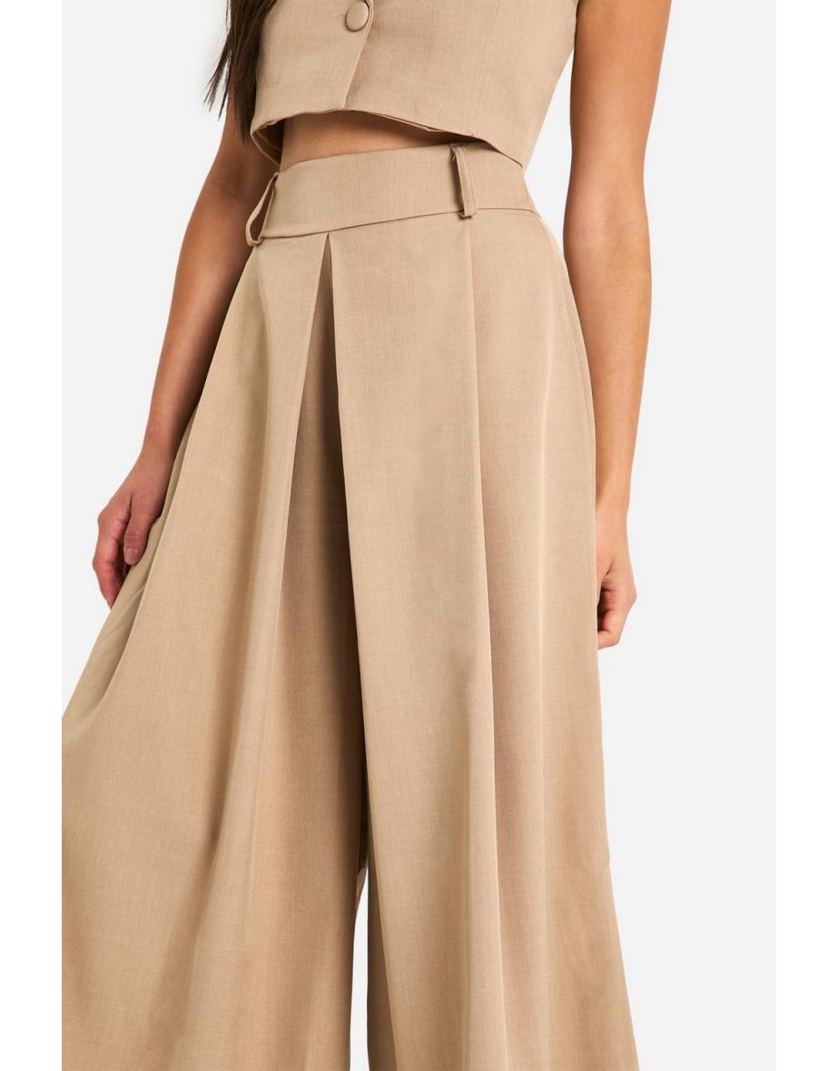 Marl Pleat Front Wide Leg Tailored Culottes - camel - 3