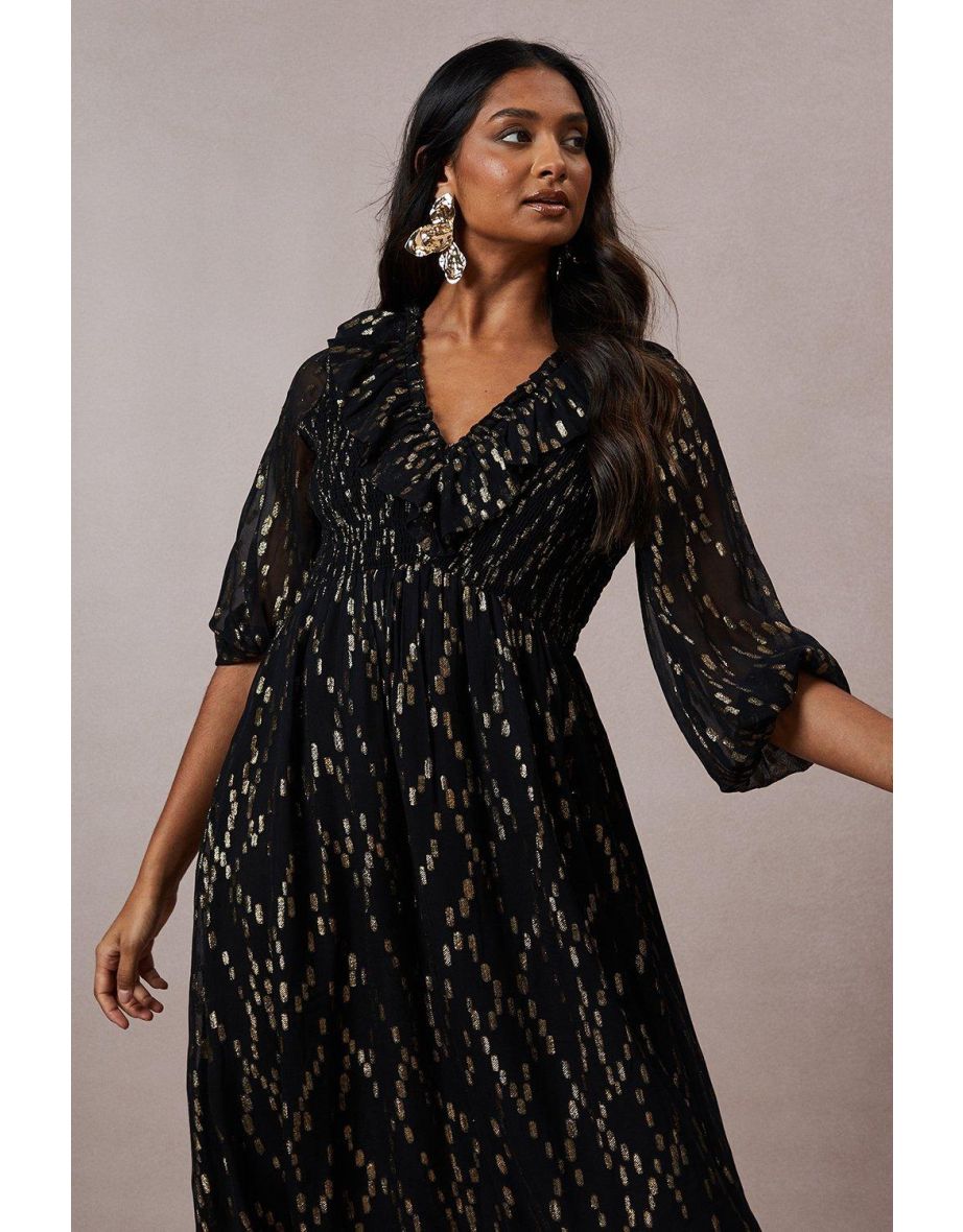 Occasion Shirred Ruffle Metallic Midi Dress - 3