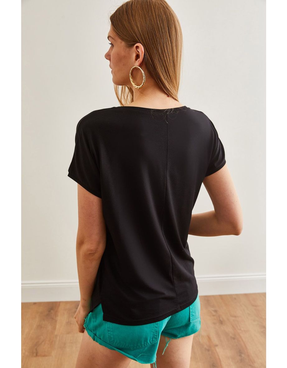 Women's Black V-Neck Bat Knitted Viscose T-Shirt - 3