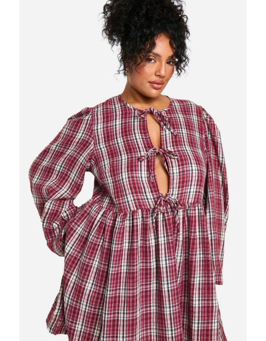 Plus Check Tie Front Check Smock Dress - red - 3