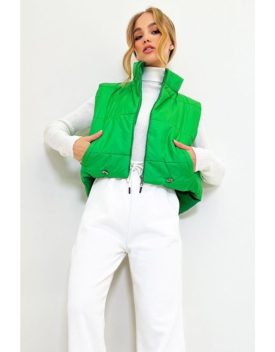 Women's Green Stand Up Collar Double Pocketed Inflatable Vest With Fully Filled Waist Adjustable