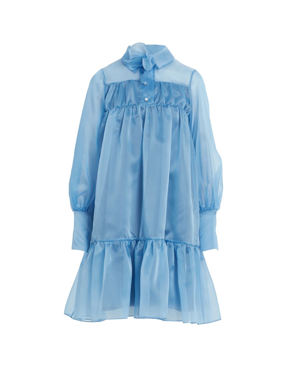 Transparent Blue Dress with Removable Flower Detail and Ruched Hem
