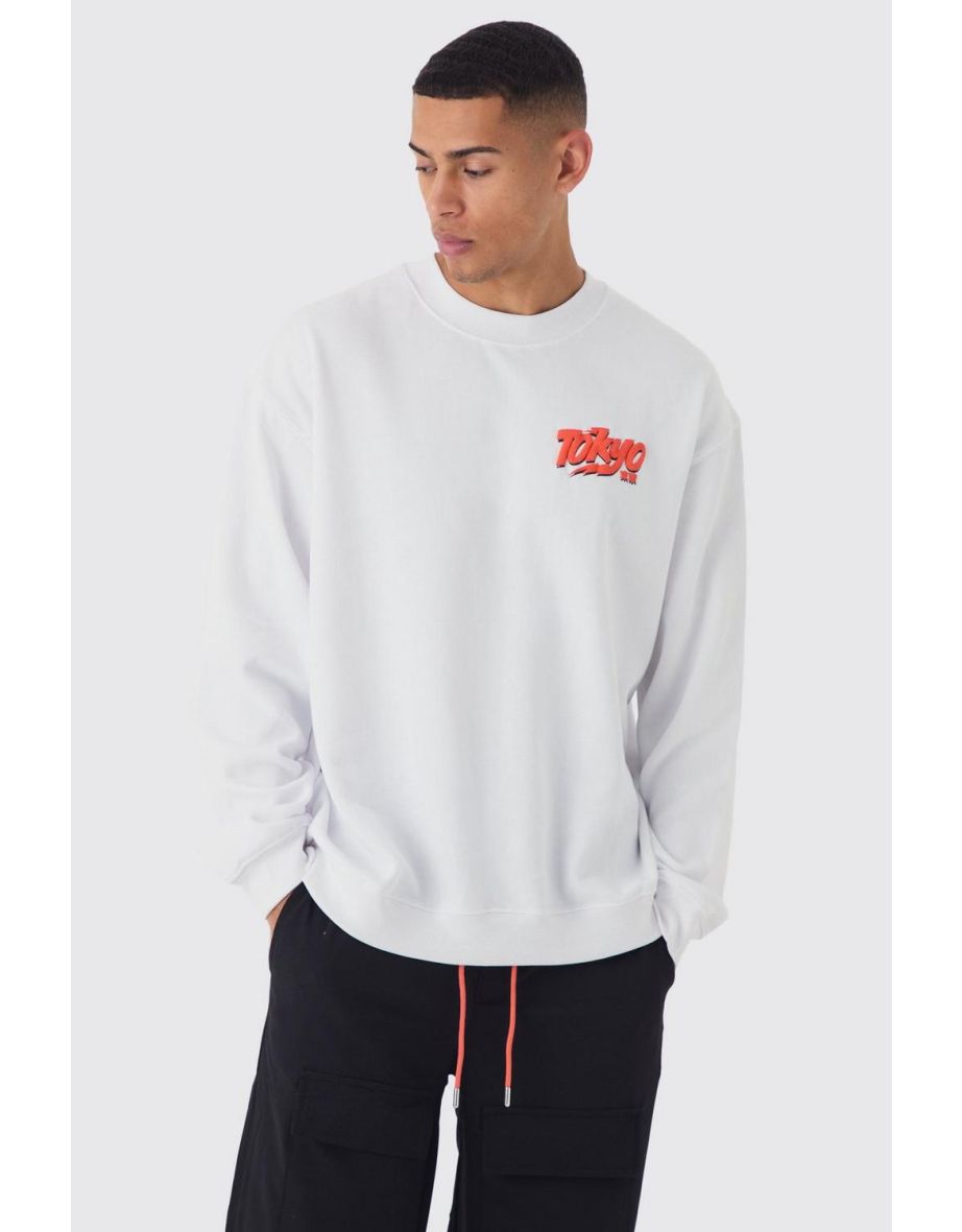 Oversized Extended Neck Tokyo Puff Print Sweatshirt - white