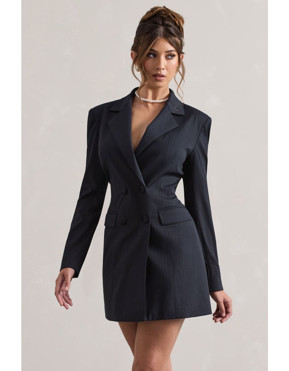State Of Mind | Navy Pinstripe Tailored Blazer Mini Dress