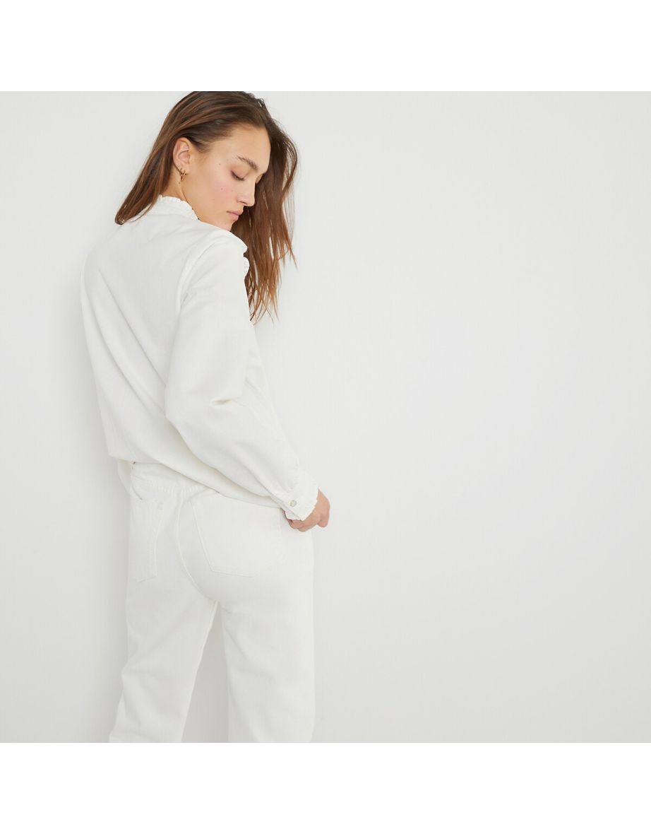 Organic Cotton Denim Shirt with Ruffled Victorian Collar and Long Sleeves - 3