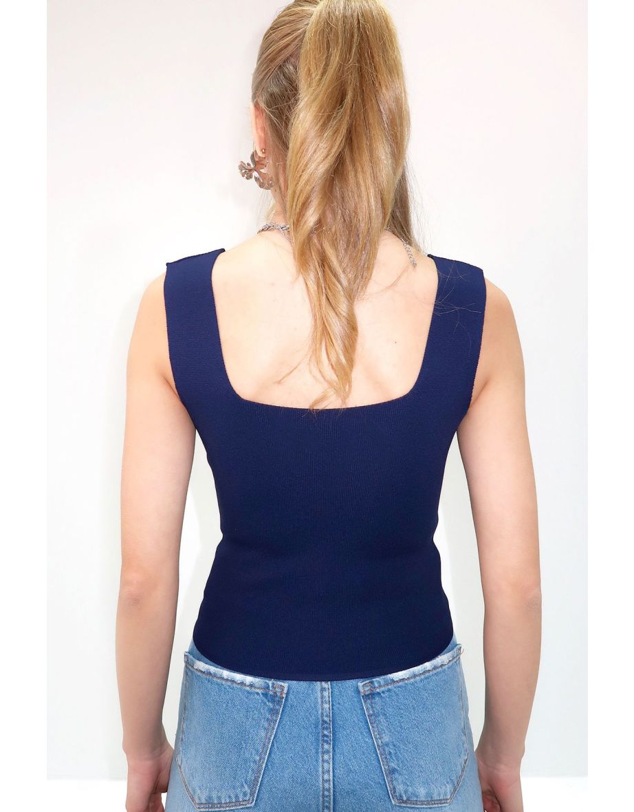 Women's Navy Blue Square Neck Slim Mercerized Top - 4