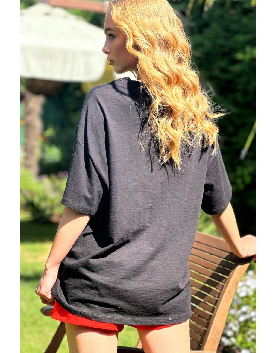 Women's Black Crew Neck Emoji Embroidered Oversize T-Shirt - 5