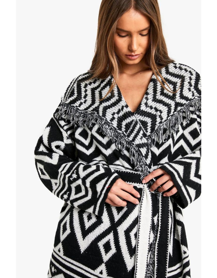 Knitted Aztec Longline Belted Cardigan - 3