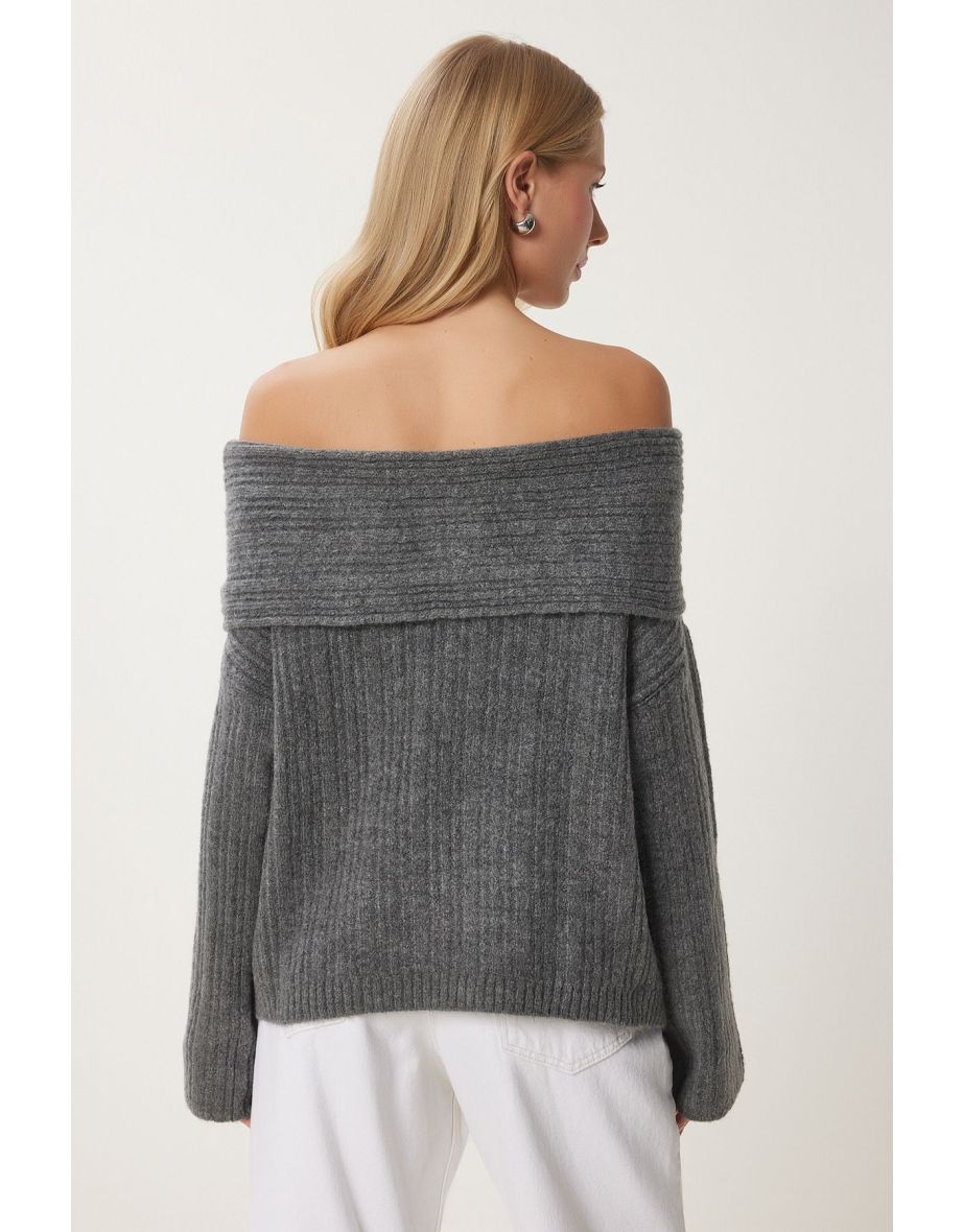 Women's Anthracite Madonna Collar Knitwear Sweater - 3