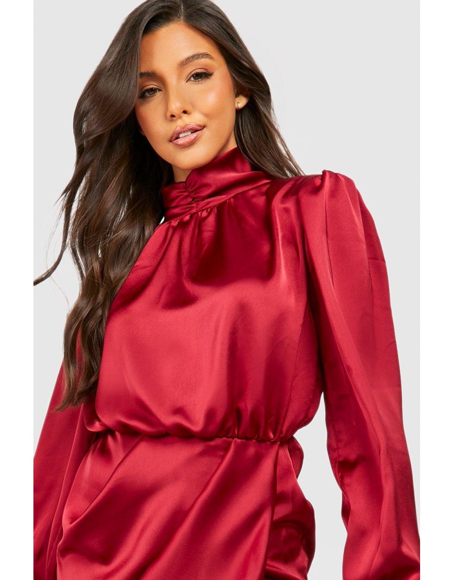 Satin High Neck Draped Wrap Midi Dress - berry - 3