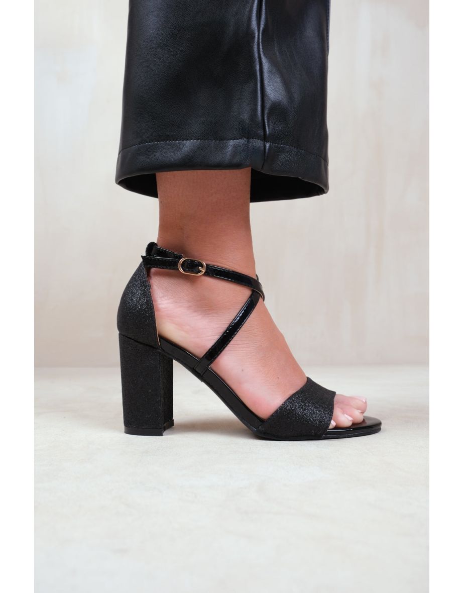 RUTH MID HIGH BLOCK HEEL SANDALS WITH CROSS OVER ANKLE STRAP IN BLACK - 1