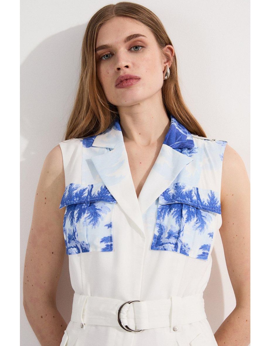 Petite Viscose Linen Scenic Print With Top Stitch Belted Woven Jumpsuit - 2