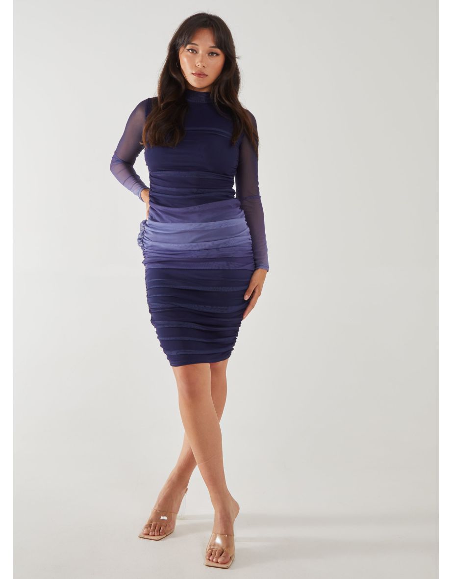 Long Sleeve Ombre Mesh Midi Dress