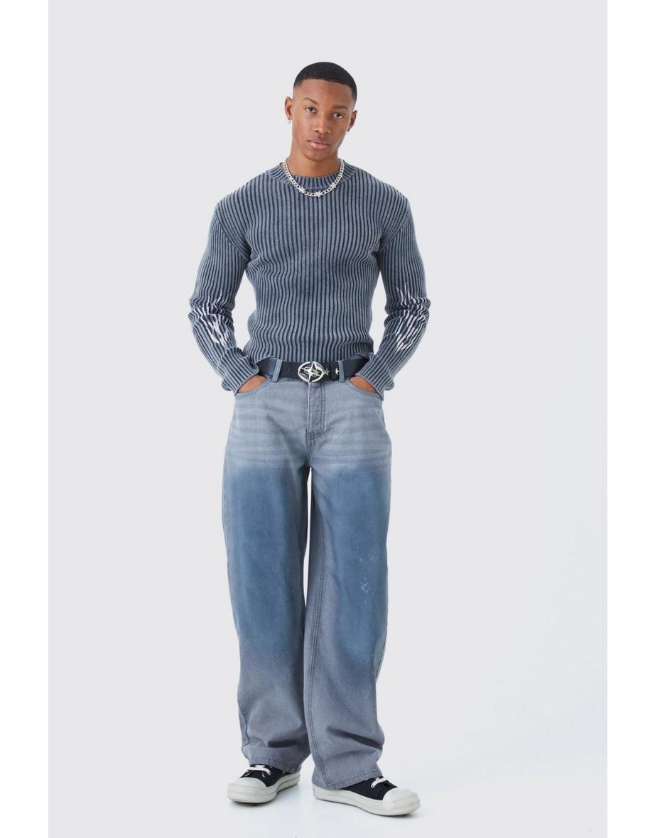 Muscle Fit Ribbed Acid Wash Knit Jumper - black - 2
