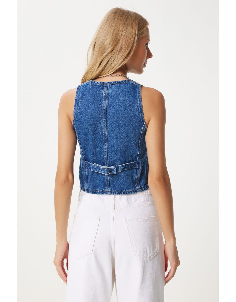 Women's Blue V Neck Crop Denim Vest - 4