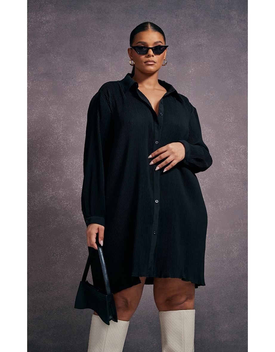 Plus Black Plisse Oversized Shirt Dress