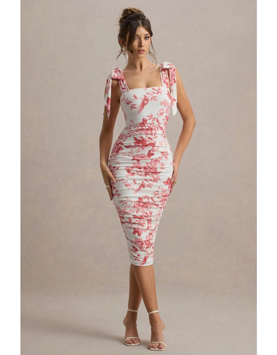 Cordelia | Pink Porcelain Print Bodycon Midaxi Dress With Bow Straps
