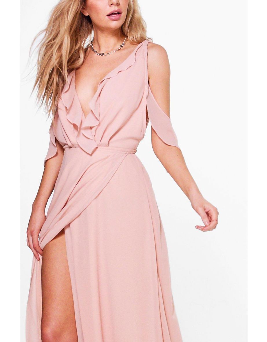 chiffon frill wrap maxi bridesmaid dress