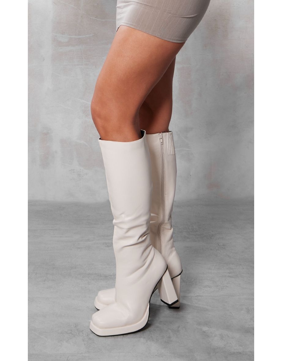 Shop Cream Slight Platform Block Heel Square Toe Knee Boots Online in Bahrain VogaCloset