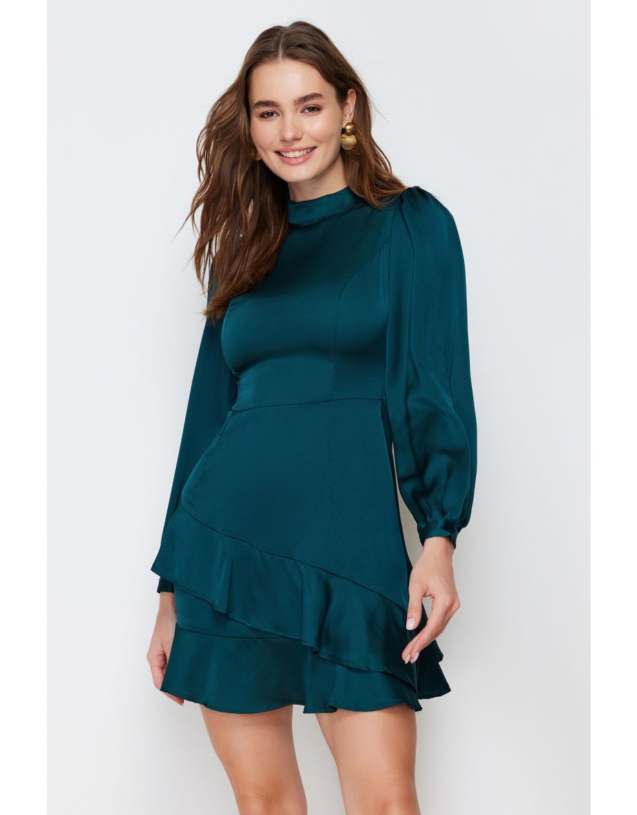 Emerald Green Knitted Satin Dress with Flounces - 13