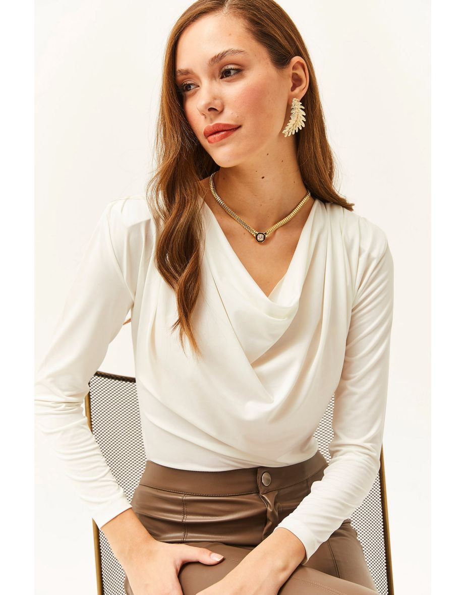 Women's Ecru Waistband Pleated Turndown Collar Blouse