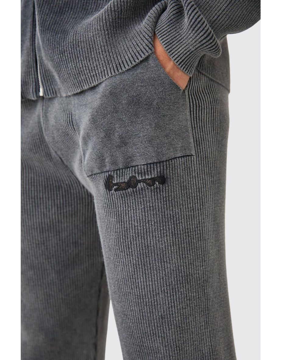 Regular Fit Acid Wash Ribbed Knitted Joggers - grey - 2