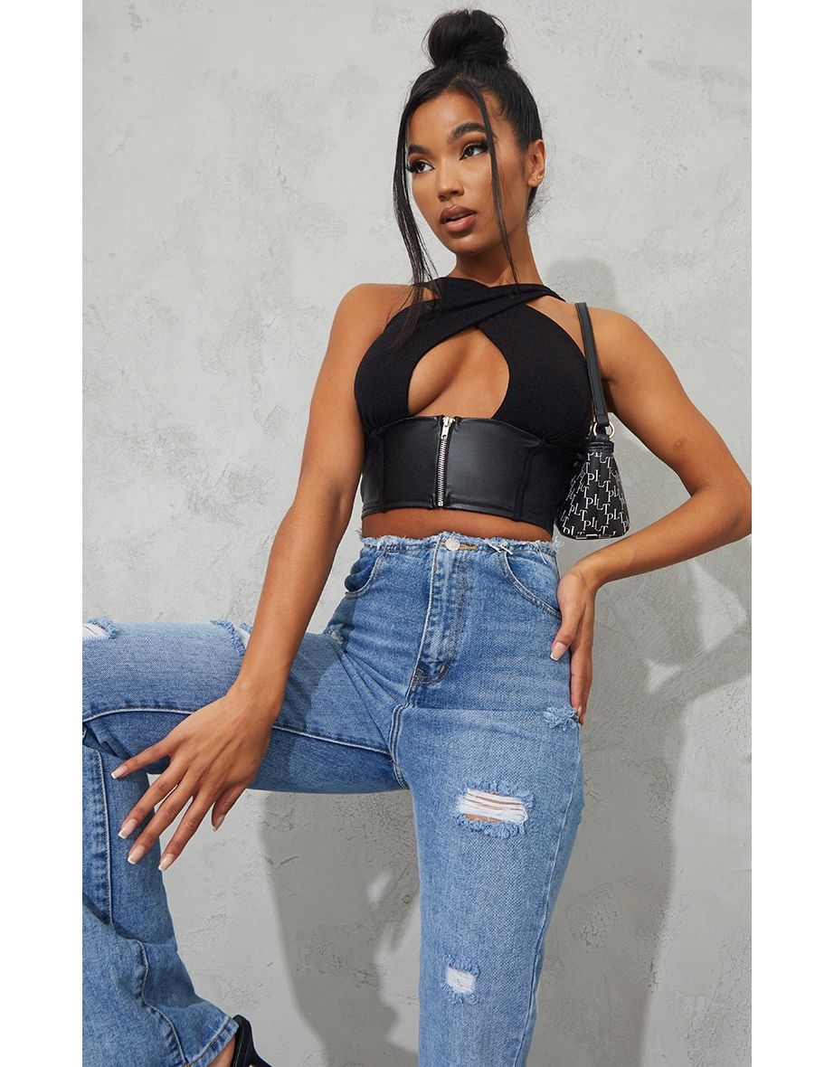 Black Pu Underbust Strap Detail Crop Top