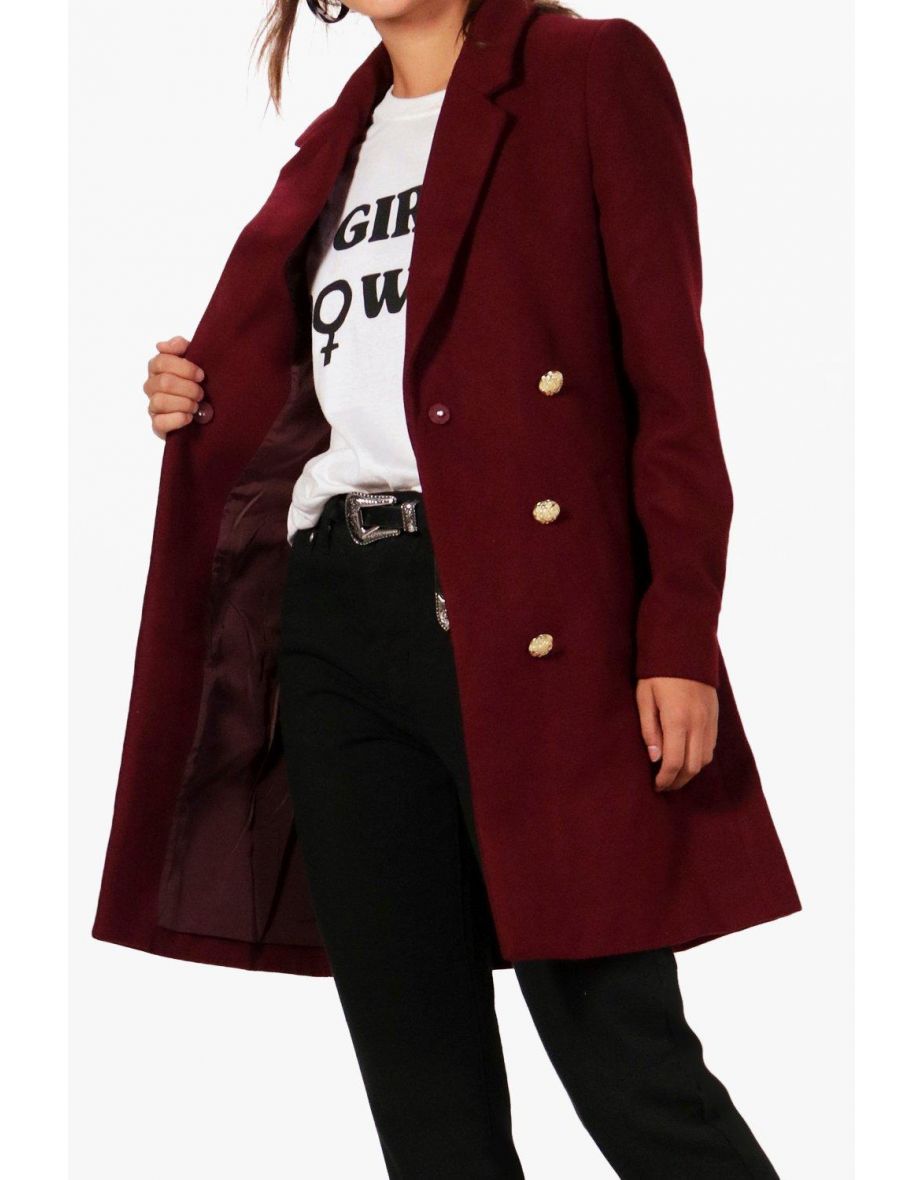 Petite Double Breasted Military Duster Coat - burgundy - 3