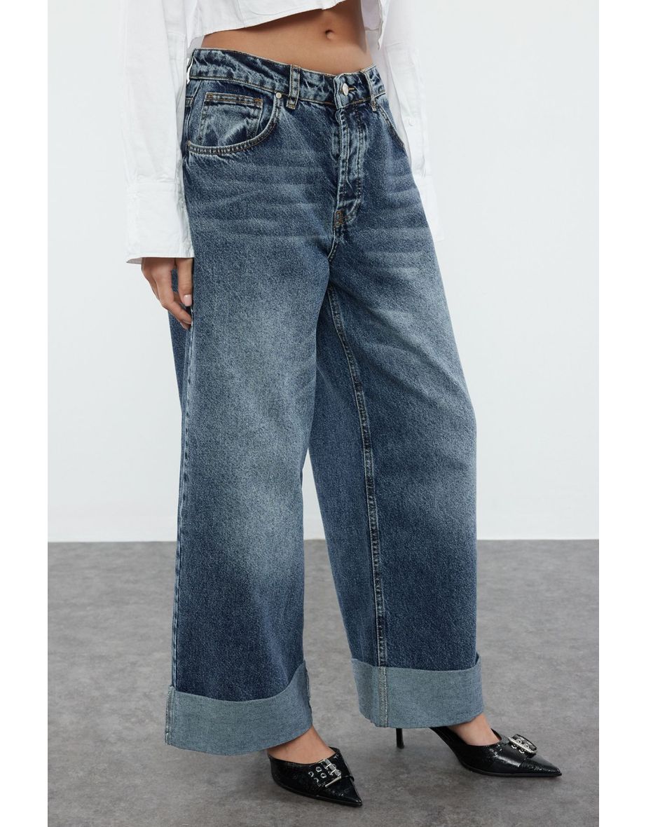 Blue Leg Fold High Waist Barrel Jeans - 4