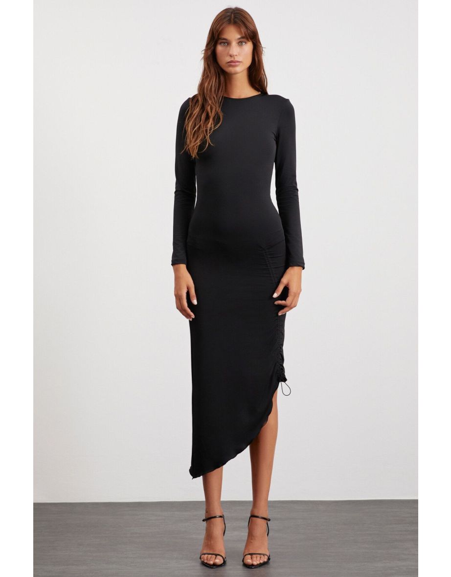 Claudia Women's Adjustable Drape Detail Semi-Shiny Stretch Fabric Asymmetric Look Maxi Black Dress