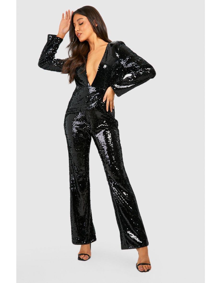 Sequin Shoulder Pad Plunge Jumpsuit - black - 3