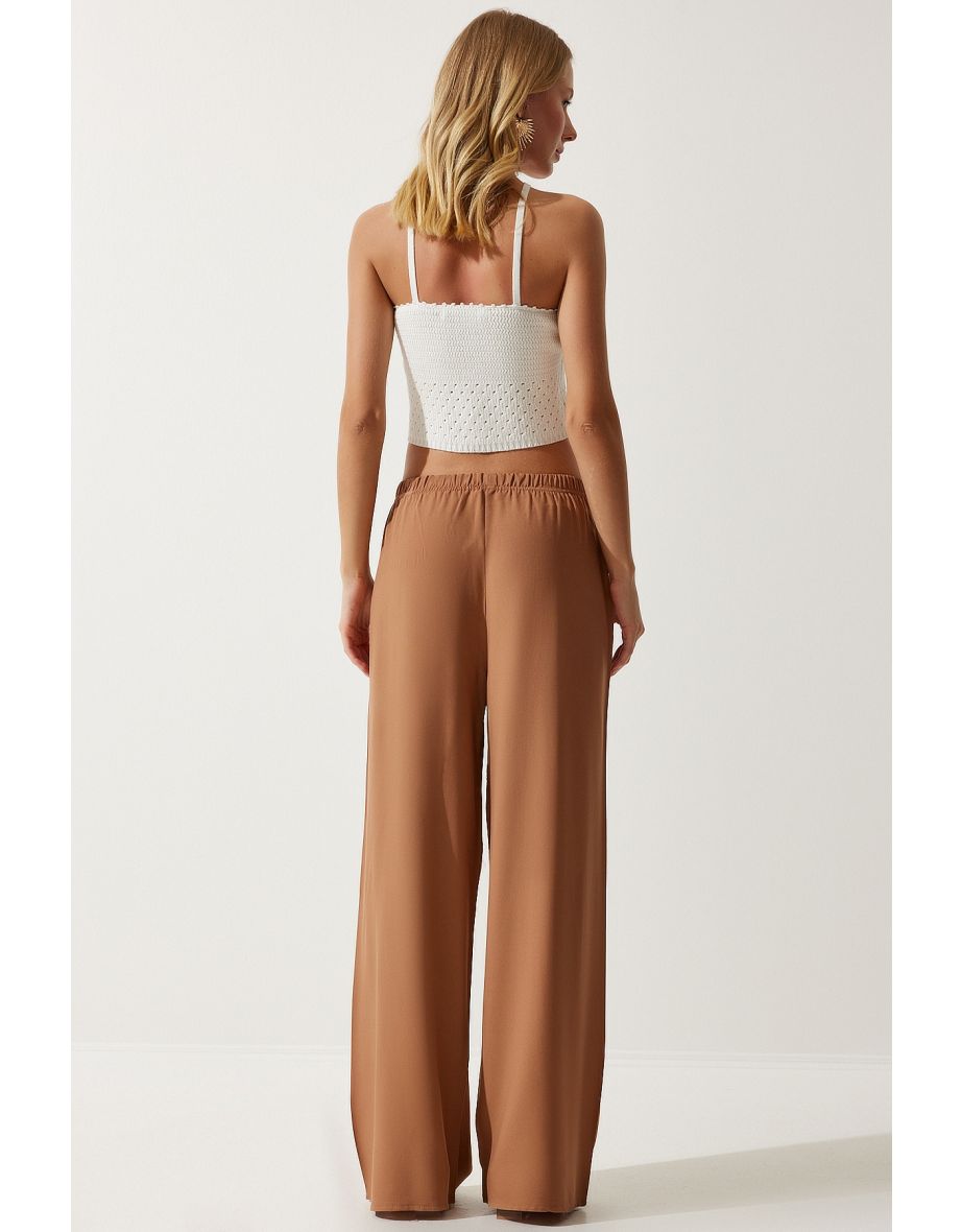 Women's Biscuit Flowy Knitted Palazzo Trousers - 5