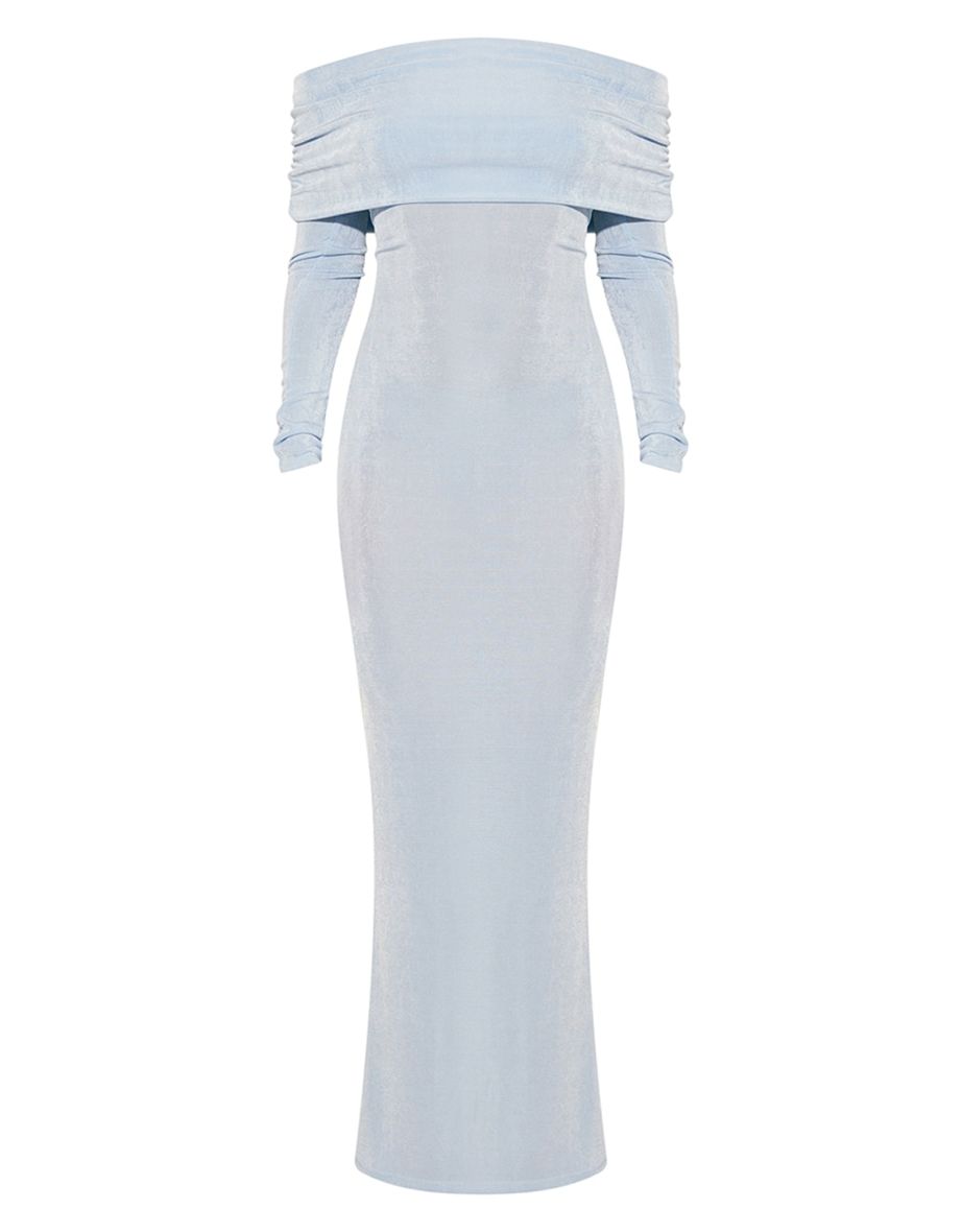 Light Blue Acetate Slinky Bardot Long Sleeve Maxi Dress - 4