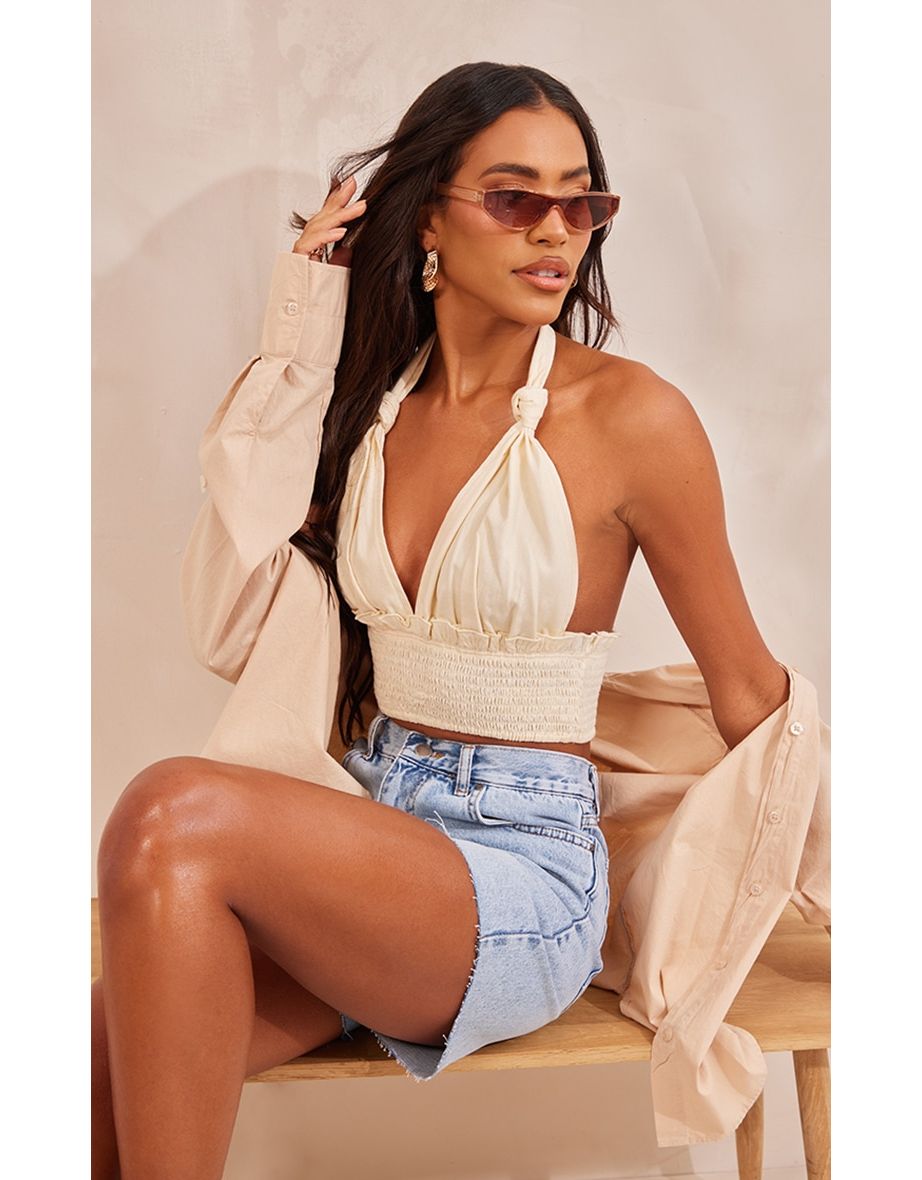 Cream Linen Feel Knot Detail Halter Crop Top