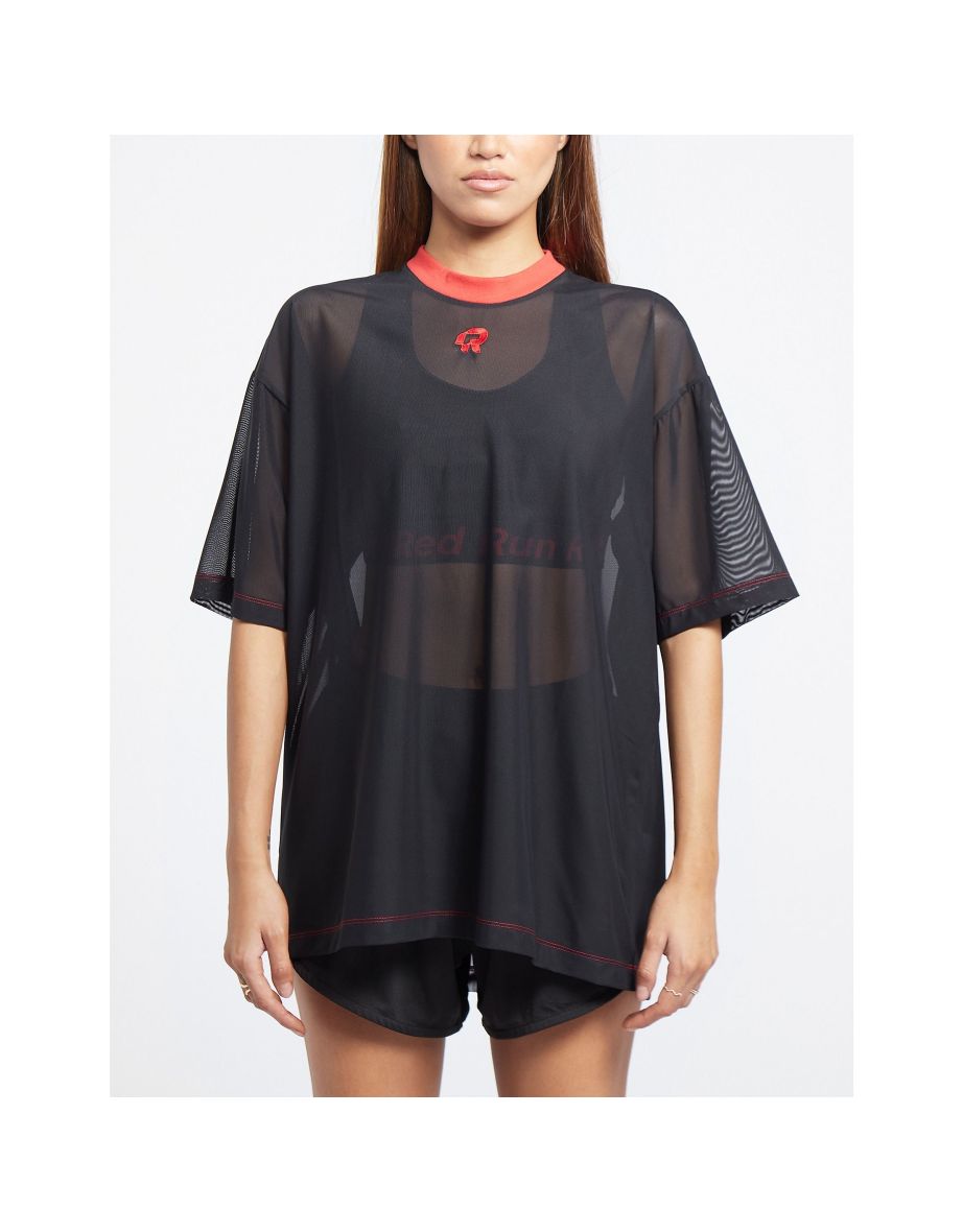 Women's Red Run Inky Oversized Net T-Shirt in Black