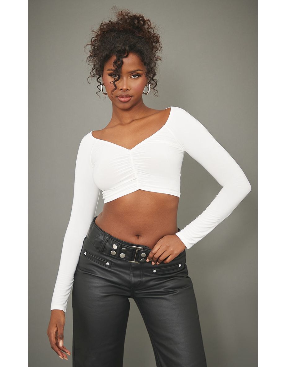 Cream Slinky Ruched Front Long Sleeve Crop Top