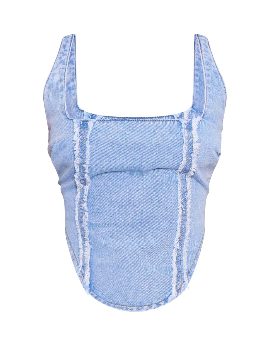 Petite Light Blue Embroidered Square Neck Corset Top - 4