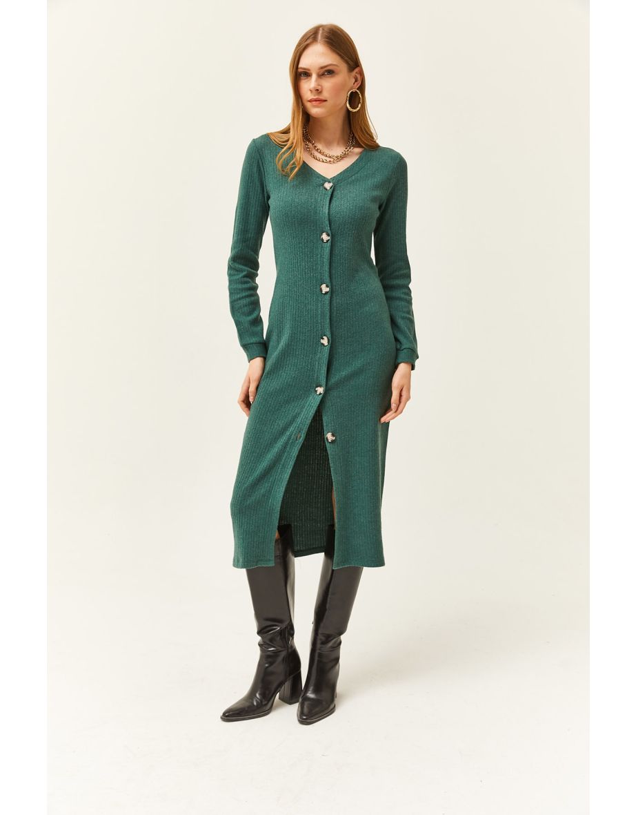 Women's Green V-Neck Buttoned Thick Ribbed Midi Dress - 3