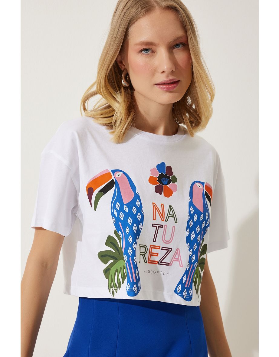 Women's White Printed Crop Knitted T-Shirt