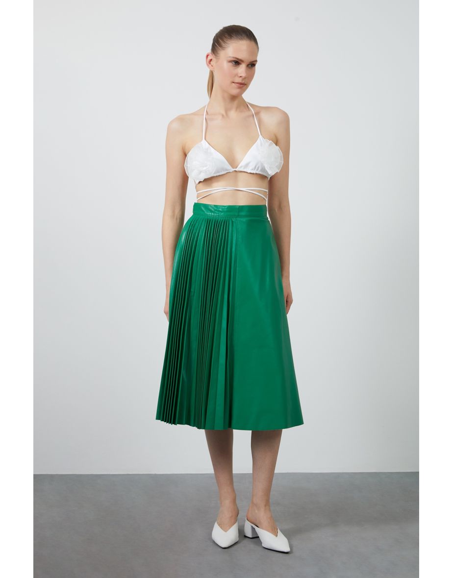 Asymmetrical Green Leather Skirt with Pleats on the Left Side