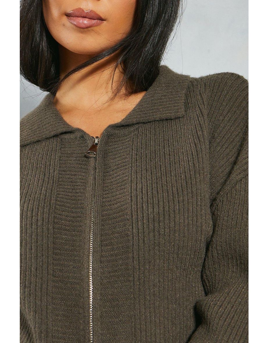 Knitted Ribbed Zip Through Cardigan - 3