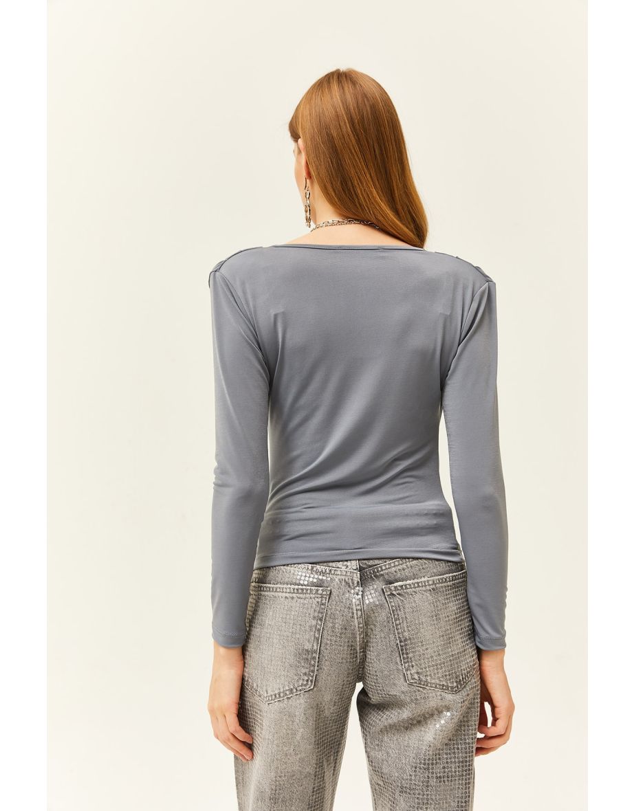 Women's Gray Waistband Pleated Roll Up Collar Blouse - 4