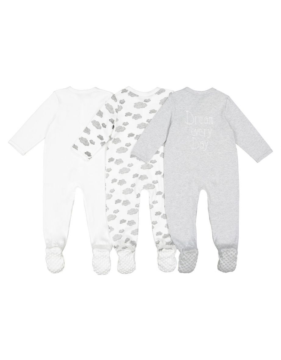 Pack of 3 Cotton Plain/Cloud/Slogan Print Sleepsuits